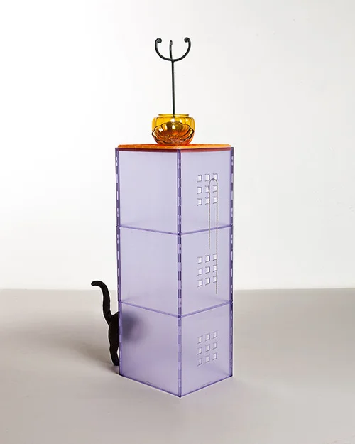 Bad Luck Bobby Chain 2012 Plastic container, rubber cat, enamel, glass pumpkin, candle stand, silver chain, detergent, packaging tape, foam apple 15 x 55 x 18 inches 