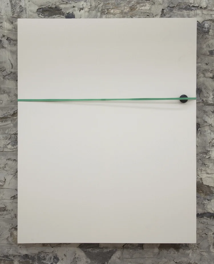 The Gap 2013 Industrial rubber band, dirt and handball on canvas 48 x 60 inches