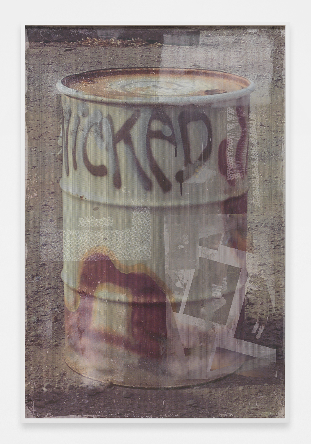 In Can Descent 2014 Coated masonite, enamel, stickers, ink jet on perforated mesh, matte medium 72 x 48 inches 