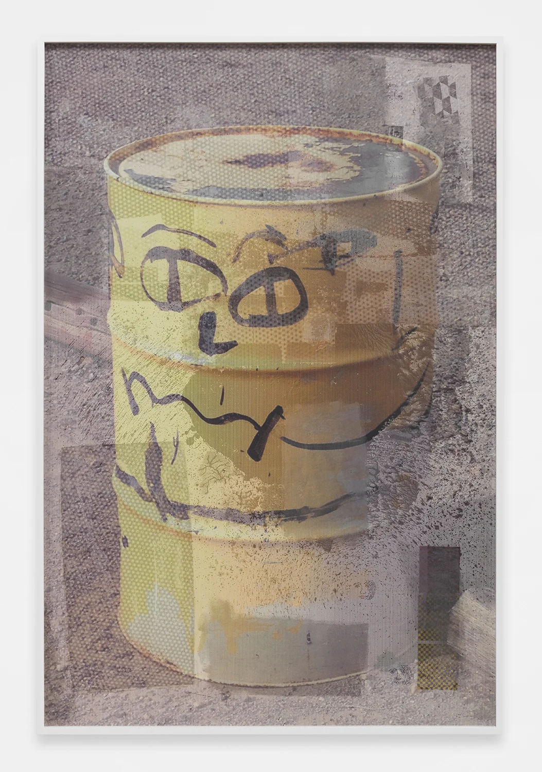 Happy Can-per 2014 Coated masonite, enamel, stickers, ink jet on perforated mesh, matte medium 72 x 48 inches 
