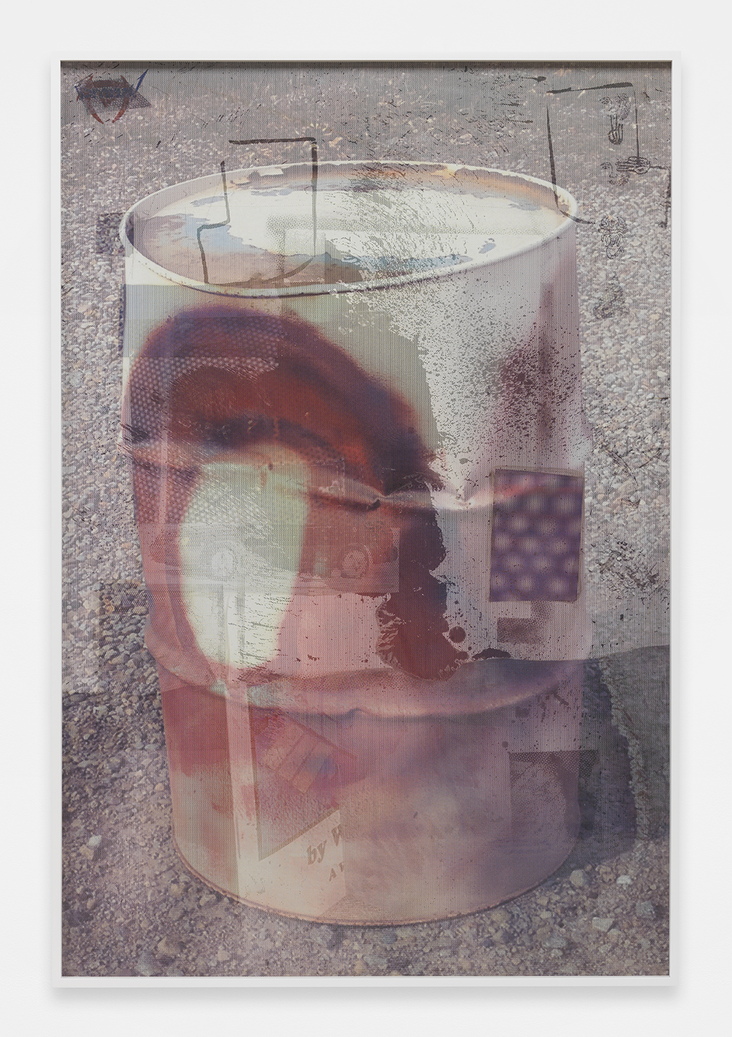 Semi Crushed 2014 Coated masonite, enamel, stickers, ink jet on perforated mesh, matte medium 72 x 48 inches 