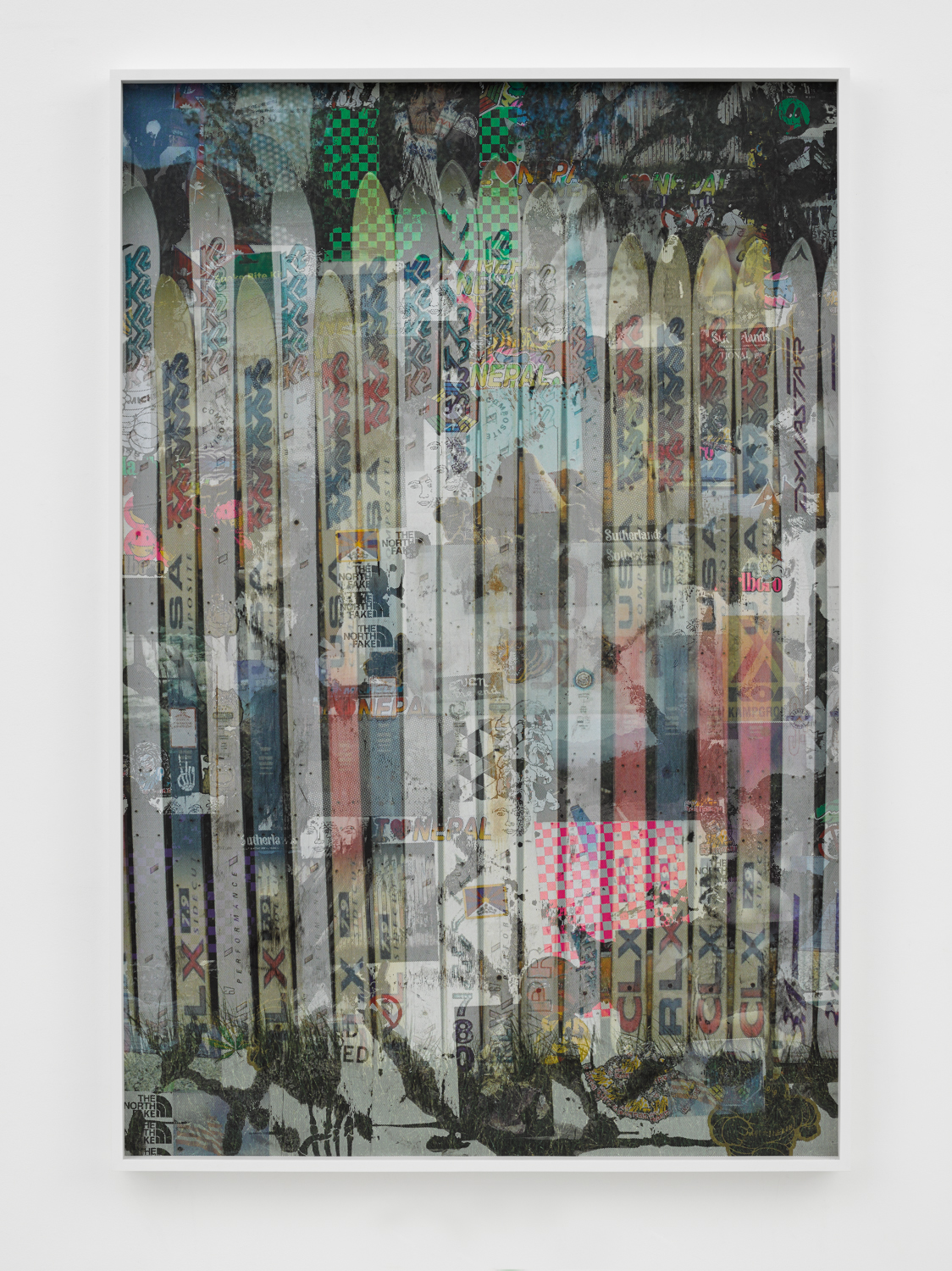 A Reason to Wear Ridiculous Gear 2014 Coated Masonite, ink jet on perforated vinyl, India ink, vinyl stickers, matte medium 73 x 49 inches 