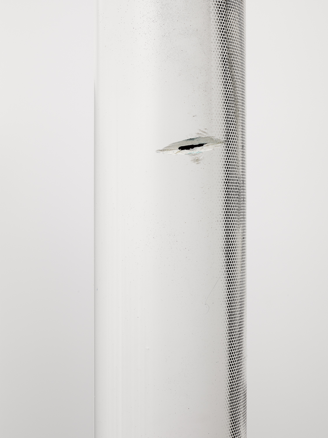 PVC personal visualisation criteria (detail) 2014 PVC pipe, ink jet on perforated vinyl and enamel 169 x 4 x 4 inches 