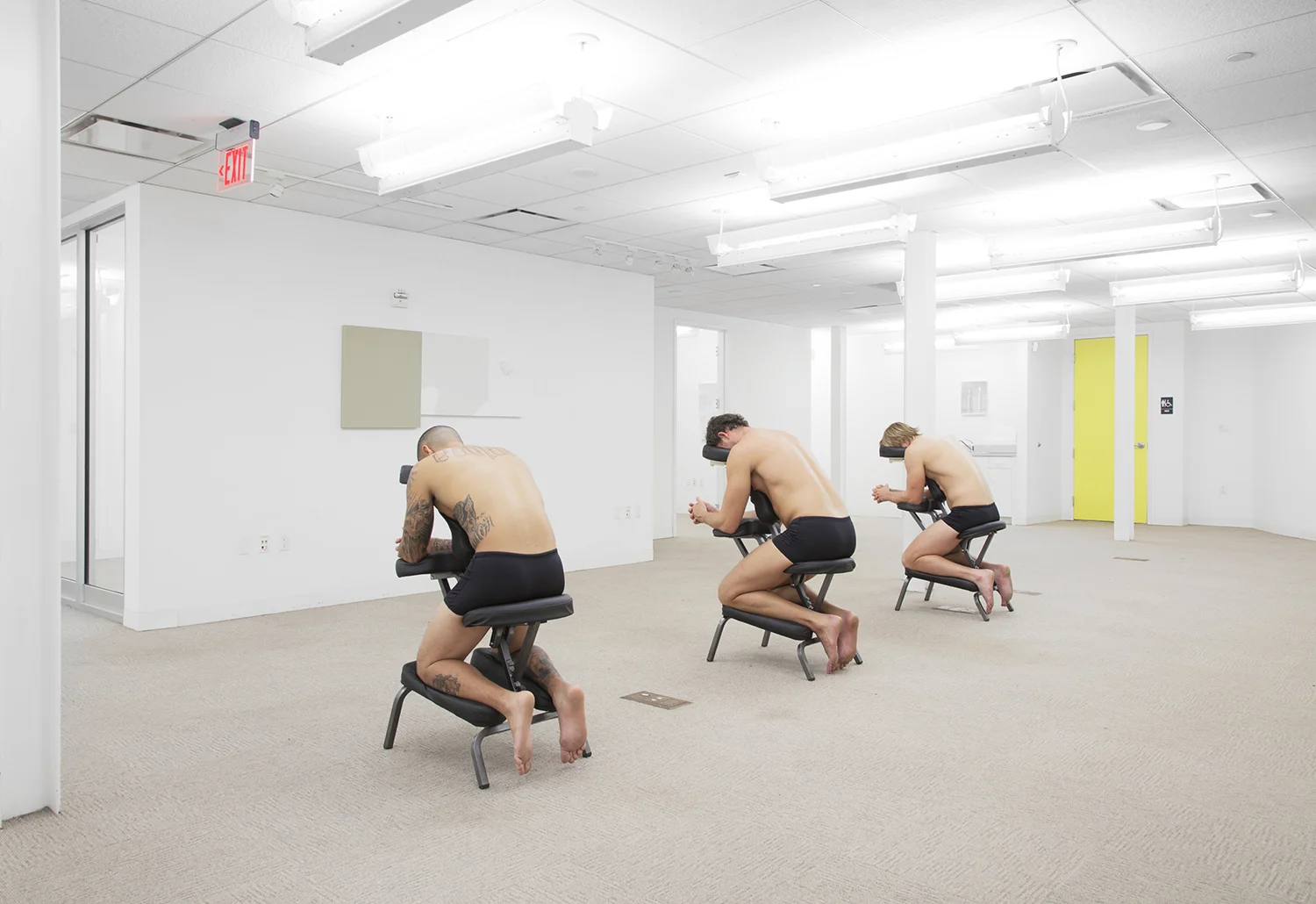 On Relief (South Florida) - collaboration w/ Zachary Susskind, 2013 Men on massage chairs Dimensions variable