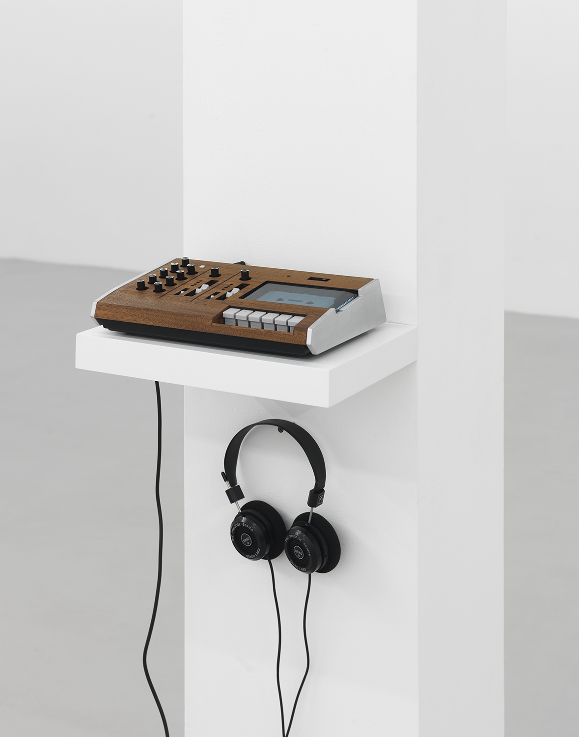 Tape Drone Machine , 2015 Modified Tascam Porta 02. on shelf and headphones 1.75 x 14.25 x 10 inches