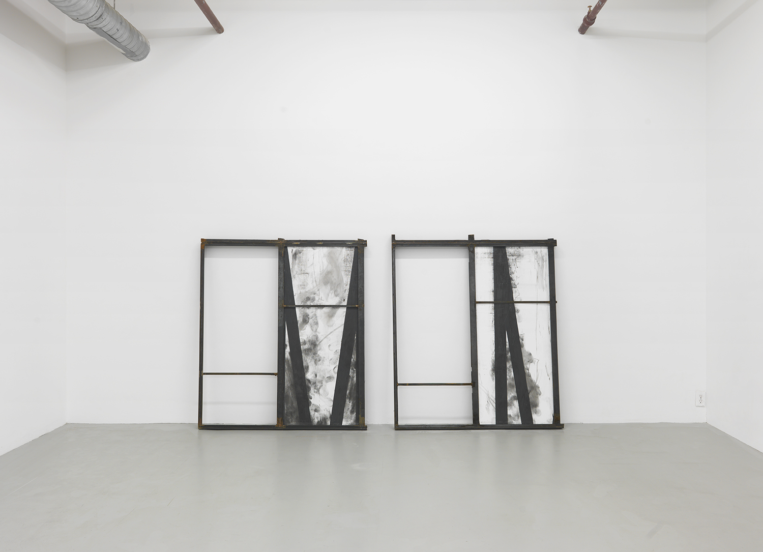 Derailer , 2015 Steel, sheetrock, Bideford black pigment and framed floor from live obstacle course 66.5 x 104.5 x 3.5 inches 