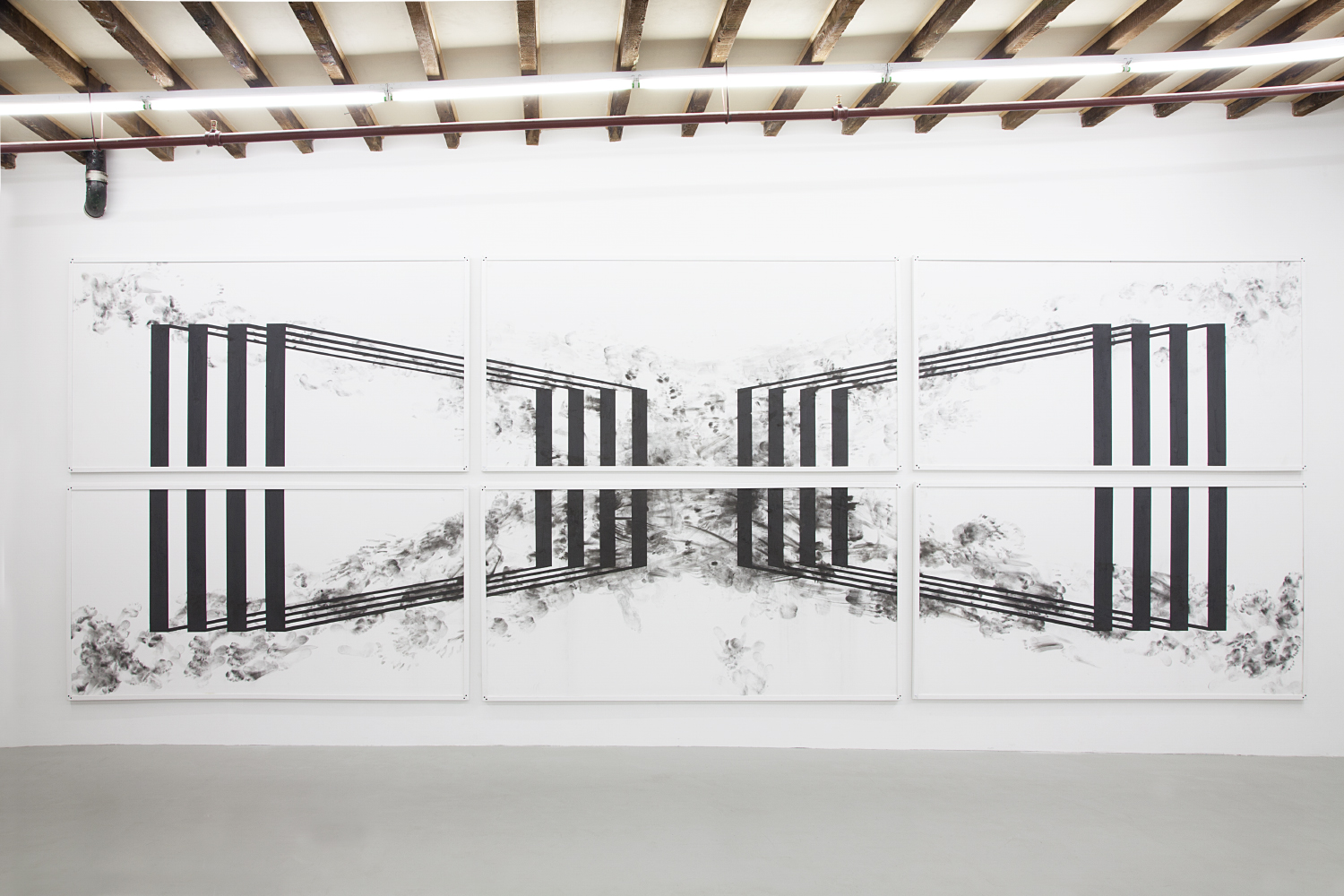 Pulmo , 2015 Sheetrock, Bideford black pigment, and framed floor from live obstacle course 99 x 194 x 1.5 inches