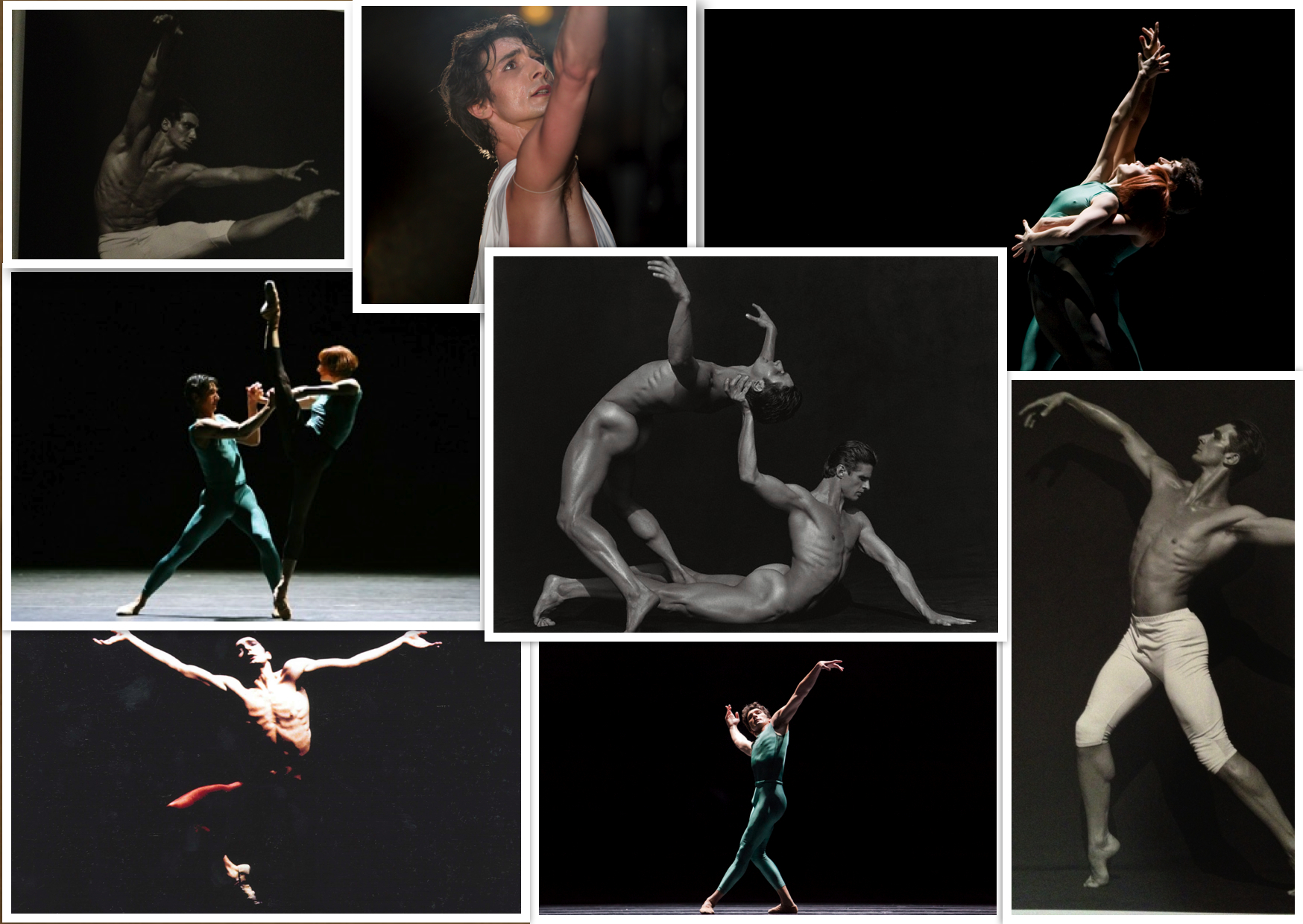  Collage highlights of Pierre Vilanoba's various roles, leading ladies, and artistic range. He has had the good fortune to work with some of the ballet world's best choreographers,&nbsp;artists,&nbsp;and photographers.   Partners pictured: Muriel Maf