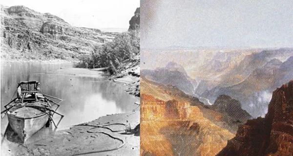 (Left) Jack Hillers, "JW Powell's Boat 'Emma Dean' on the Colorado", Grand Canyon , circa 1872 | (Right) Detail of "Chasm of the Colorado" | Courtesy of the Grand Canyon National Park Museum (17254)