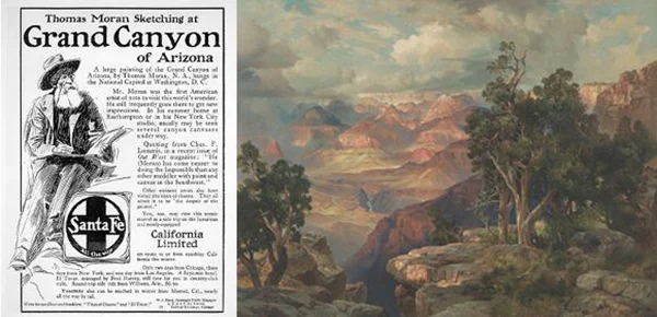 (Left) Advertisement for Santa Fe Railroad published in the January 1909 issue of Fine Arts Journal | (Right) Thomas Moran, "Grand Canyon of Arizona", Chromolithograph after an 1892 painting, circa 1912 | Courtesy of the St. Louis Mercantile Library at the University of Missouri-St. Louis