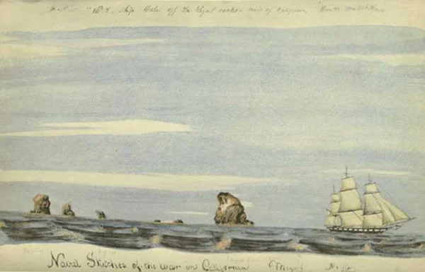 William H. Meyers, The USS Sloop Dale off La Ligas Rocks (27 November 1846), from " Naval Sketches of the War in California ", Watercolor Print, Limited Edition of 1000, Grabhorn Press, San Francisco, 1939 | Courtesy of Franklin Delano Roosevelt Collection