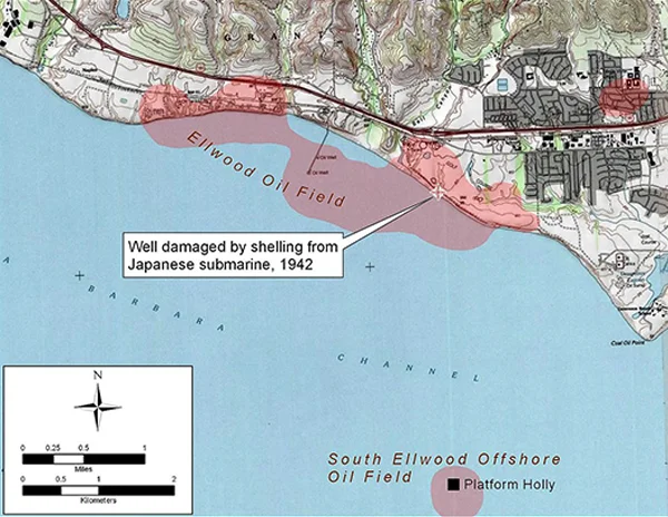Detail map of Ellwood and Ellwood Offshore Oil Field, showing location of Luton-Bell Well No. 17, damaged by Japanese shelling Feb 23, 1942