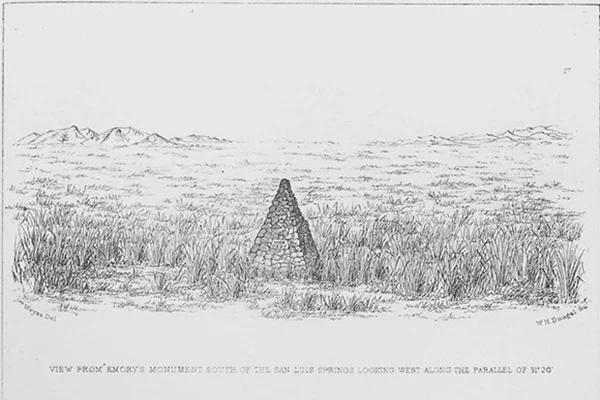 John Weyss, View from Emory's Monument South of the San Luis Springs Looking West across the Parallel of 31°20', engraved by W.H. Dougal, ca. 1856. Plate from William Emory, Report on the United States and Mexico Boundary Survey, 1857, vol. 1.