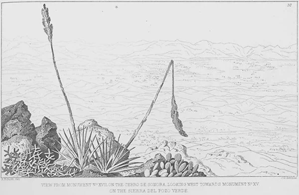 Arthur Schott, View from Monument No. 17 on the Cerro de Sonora, Looking West towards Monument No. 15 on the Sierra del Pozo Verde, engraved by J.D. Smillie, c. 1856. Plate from William Emory, Report on the United States and Mexico Boundary Survey, 1857, vol. 1.