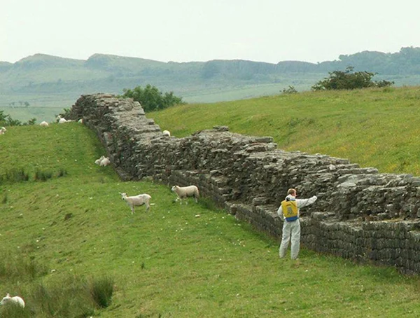Hadrian's Wall near Birdoswald Fort. The man shown here is spraying the wall with weed killer to protect the landmark from the biological weathering of stones. | Courtesy of Wikimedia Commons