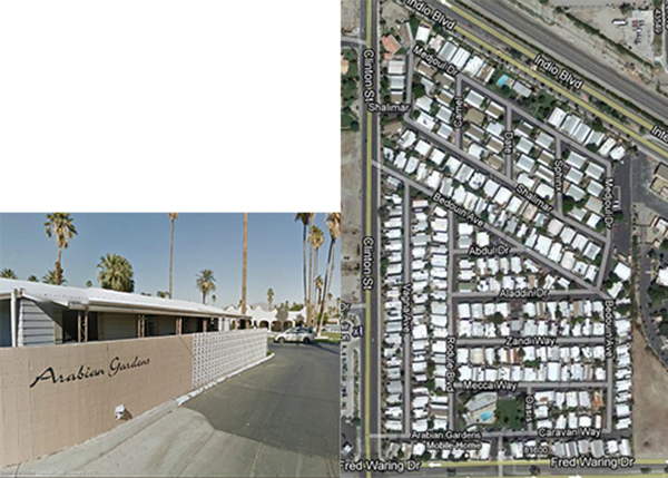 Left: Arabian Gardens Trailer Park in Indio, California. Note the Arabian inspired pool house in the background; Right: Map of Arabian Gardens Trailer Park in Indio, California. Note the Arabian inspired street names like Aladdin Drive and Bedouin Avenue. | Screen shots from maps.google.com