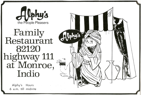 Advertisement for Alphy's Family Restaurant from the Riverside County Fair and National Date Festival 1975 Official Program | Collection of the Author