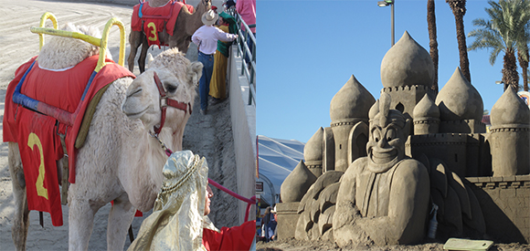 Left: Camel and rider from the 2010 Date Festival Camel Races; Right: Sand Sculpture from the 2011 Date Festival. | Photographs by the author