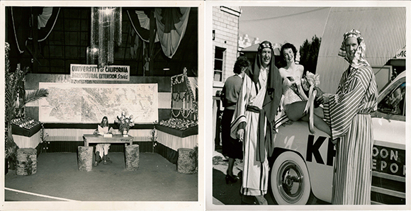 Left: University of California Agricultural Extension Exhibit at the 1948 Date Festival; Right: Costumed men and Queen Scheherazade contestant at the 1949 Date Festival | Collection of the author
