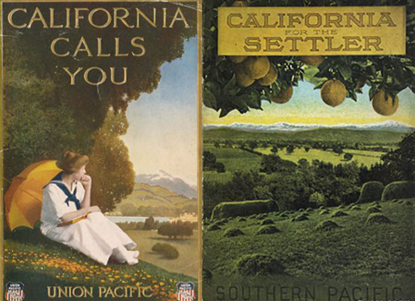 Figure 1 (Left): "California Calls You," ca. 1900. Union Pacific Railroad pamphlet , University of California-San Diego Special Collections; Figure 2 (Right): "California for the Settler: The Natural Advantages of the Golden State for the Present Day Farmer," ca. 1910. Pamphlet cover, Southern Pacific Company. Courtesy of the California State Railroad Museum Library