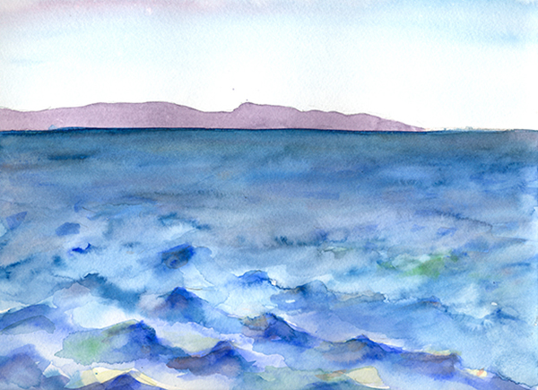 After Hodges: coastal profiles of So. CA's own San Clemente Island, Hillary Mushkin, watercolor and pencil on paper, 9 x 11 inches, 2012