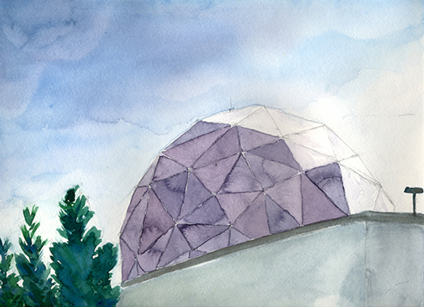 "Radome, Northrop Grumman Space Park Drive Aerospace HQ," Hillary Mushkin, watercolor and pencil on paper, 9 x 11 inches, 2012