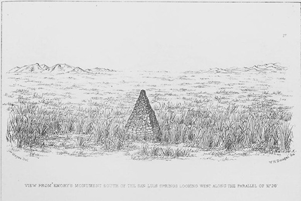 John Weyss, "View from Emory's Monument South of the San Luis Springs Looking West across the Parallel of 31°20'," engraved by W.H. Dougal, ca. 1856. Plate from William Emory, "Report on the United States and Mexico Boundary Survey, 1857, vol. 1."