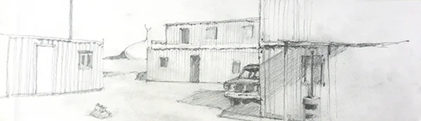 Twentynine Palms MCAGCC mock village, pencil on paper by Andy Wilcox, 2013
