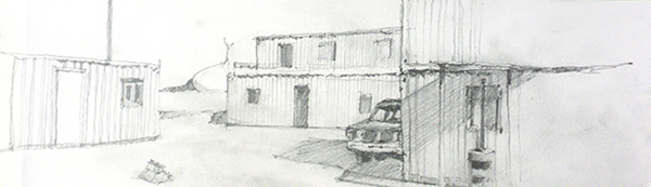 Twentynine Palms MCAGCC mock village, pencil on paper by Andy Wilcox, 2013