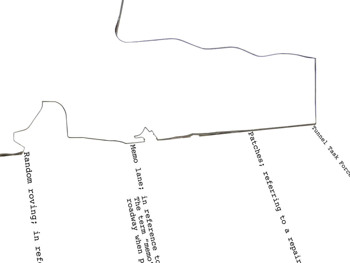 Explore a map of our 6 mile route between the border walls | “A Selection of Mapped Utterances, 04.03.2014” (detail) by Elizabeth Chaney - View Elizabeth Chaney's entire map here .