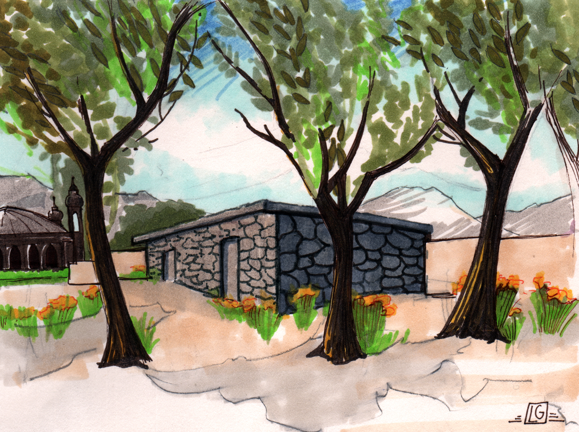 Afghani village in DICE-T | Drawing by Lesley Goren