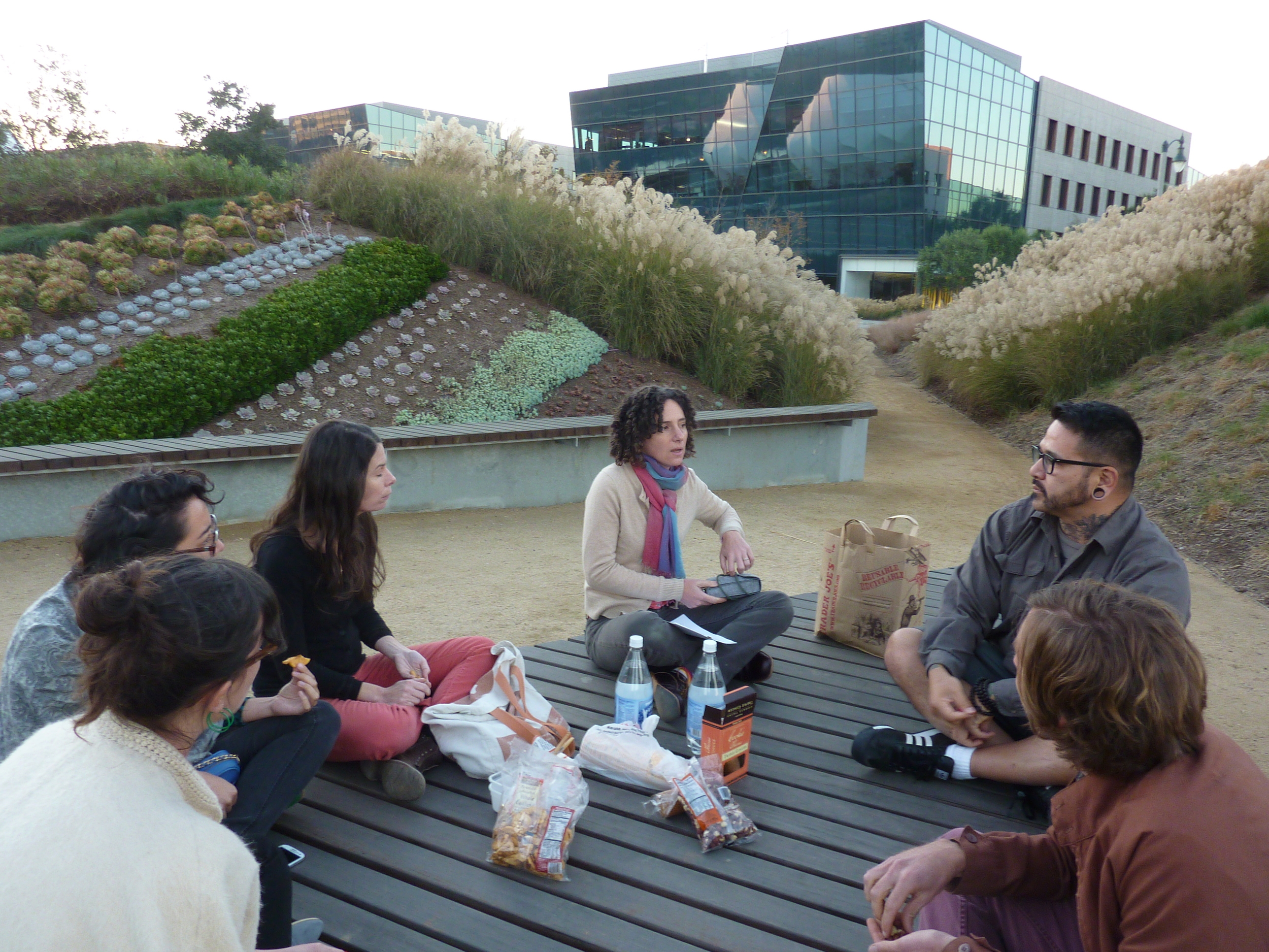 Hillary Mushkin and Incendiary Traces participants with the ICT building behind them. | Photo by Jena Lee