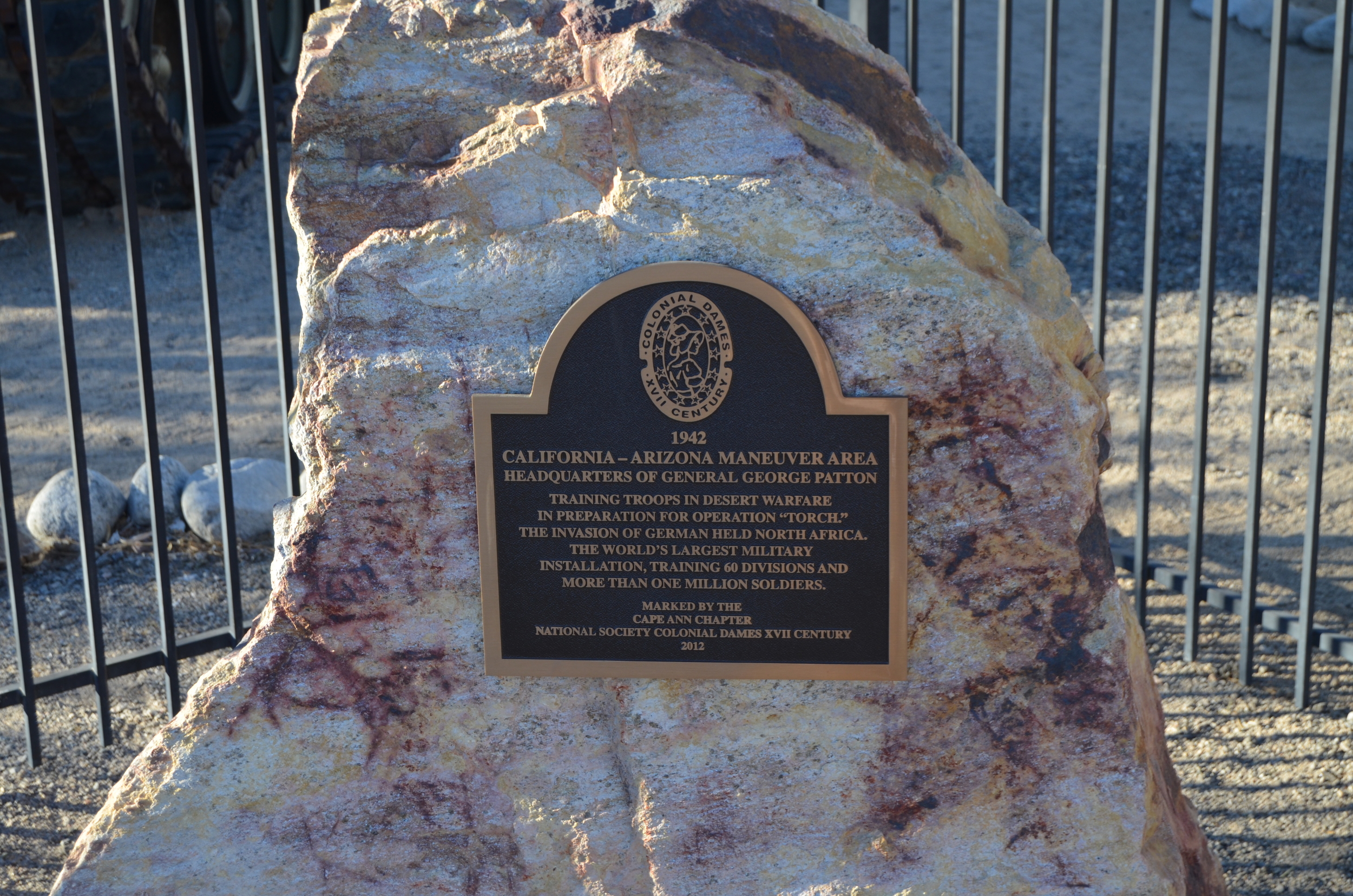 While few structures of the Desert Training Center remain, various organizations have memorialized its location. This plaque rests at the General Patton Memorial Museum in Chiriaco Summit, California. Photograph by Scott Seekatz.