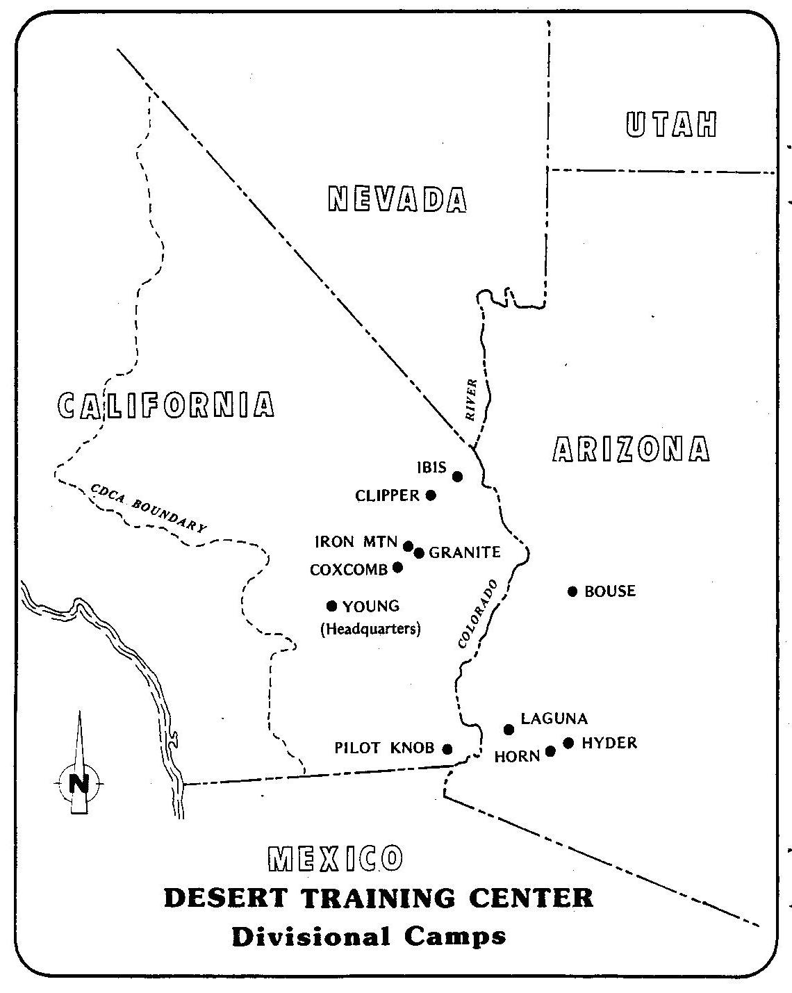 The Desert Training Center/ California- Arizona Maneuver spanned three states, though the majority of divisional camps and the headquarters were located in California. Area maps courtesy of the Bureau of Land Management, Needles Field Office. 