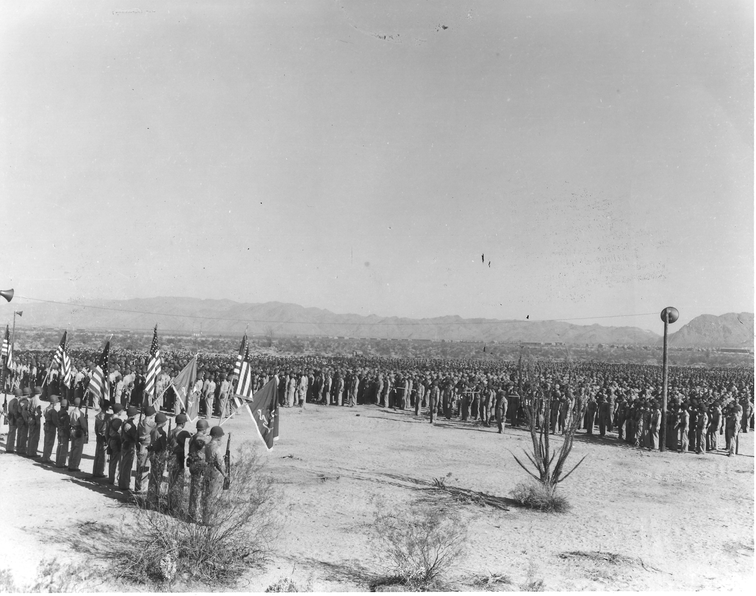 Here soldiers, and likely local press and dignitaries, listen to an address by Patton at the Desert Training Center. Patton’s larger than life personality and premature death contributed to both locals and troops’ emphasis on the general in DTC memorial attempts. Courtesy of the General Patton Memorial Museum. 