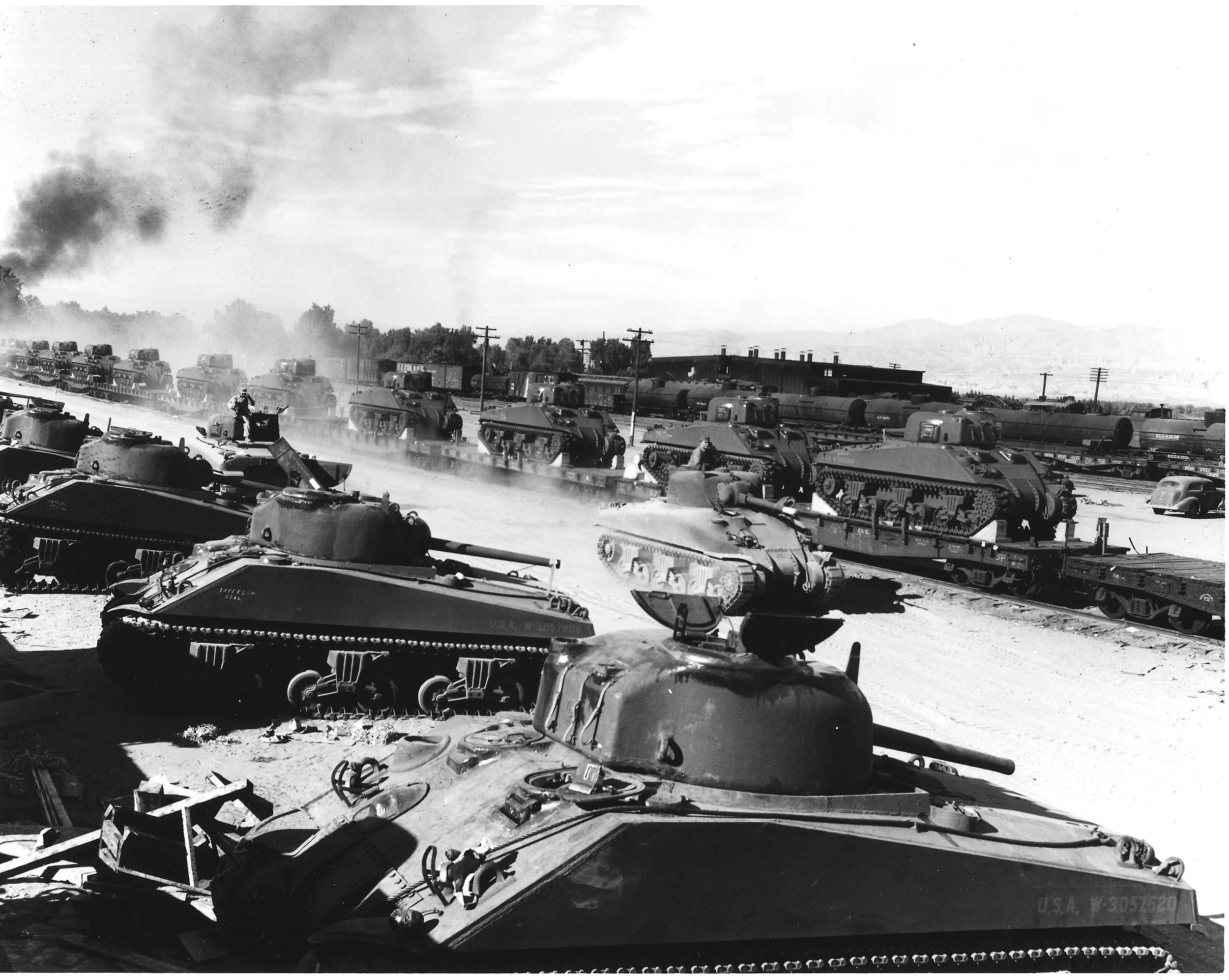 Tanks are unloaded at the Indio rail yards in December 1942. The army’s use of the railroad disrupted both passenger and cargo transport; local rail yards experienced labor shortages throughout the war as keeping up with army supplies, equipment, and men seemed a never ending challenge. U.S. Army photography, courtesy of the General Patton Memorial Museum.