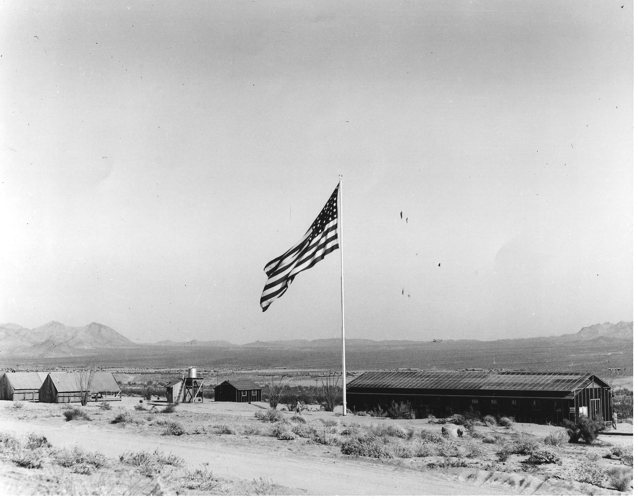 Few permanent structures were constructed at the DTC, even wooden framed ones were designed to be temporary. Camp Young, which served as the DTC headquarters, housed a few of these structures, though they were torn down quickly after the war. Note the canvas tents to the left; these were far more common at the divisional camps. U.S. Army photograph, courtesy of the General Patton Memorial Museum.