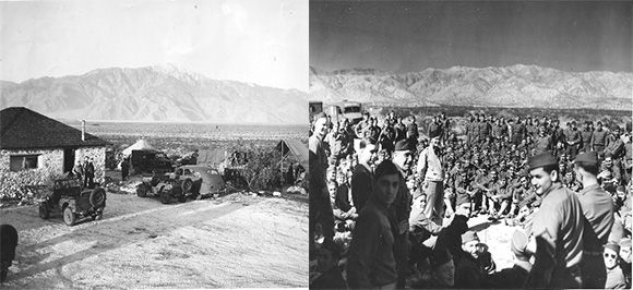 This image, by Captain Ray “Swede” Fernstrom, is identified as a typical desert base in North Africa. Information indicates the photo on the right was also taken in North Africa. Note the striking landscape similarities to the photograph of the Desert Training Center below. Courtesy of the General Patton Memorial Museum.