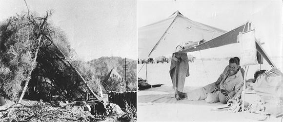 While the divisional camps held larger canvas tents that slept multiple men and had some of the comforts of home (though no electricity or running water), troops spent much of their time in the field and thus in makeshift dwellings. To the left is a “maneuver home” constructed of ocotillo branches and brush. To the right, a soldier rests under a rudimentary tent. Note the bag of water hanging from the right side of the structure; it likely had to serve all of his drinking and bathing needs for the day. Some recalled using gasoline to try to prevent scorpions and snakes from crossing into their tents, but gas was scarce, especially while in the field. Courtesy of the General Patton Memorial Museum.