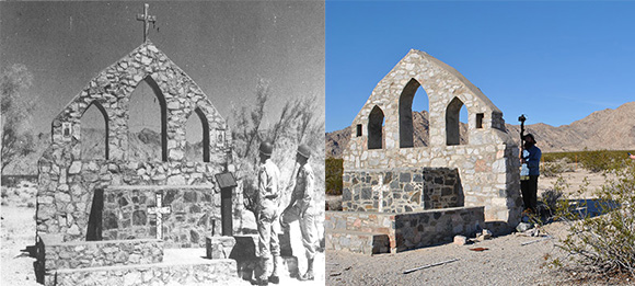 The outdoor chapel at Camp Iron Mountain is one of the few structures that remains. Left, photograph by Bill Threatt, courtesy of the General Patton Memorial Museum. Right, Bureau of Land Management Staff survey the remains of the Iron Mountain Chapel, courtesy of the Bureau of Land Management, Needles Field Office