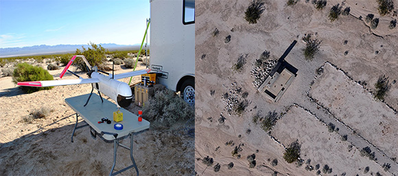 The Bureau of Land Management recently utilized drones to survey some of the DTC camps. Left, one of the BLM Drones prepares to complete an aerial survey. Right, an aerial view of the chapel at Iron Mountain, pictured above. Aerial surveying allows the BLM to record current conditions of archeological sites and note building foundations and even smaller objects, many of which have been lost when people take artifacts from the area, despite laws against removing such items. Courtesy of the Bureau of Land Management, Needles Field Office.