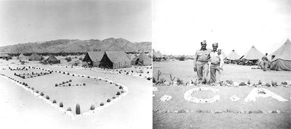 Troops often used rocks to line walkways or reproduce their insignias at the divisional camps. Left, cactus and rocks form Vs for the 5th Armored Division. U.S. Army photograph. Right, soldiers pose in front of a similar installation. Both courtesy of the General Patton Memorial Museum. Below some of the rock pathways and designs are still visible today. Courtesy of the Bureau of Land Management, Needles Field Office.