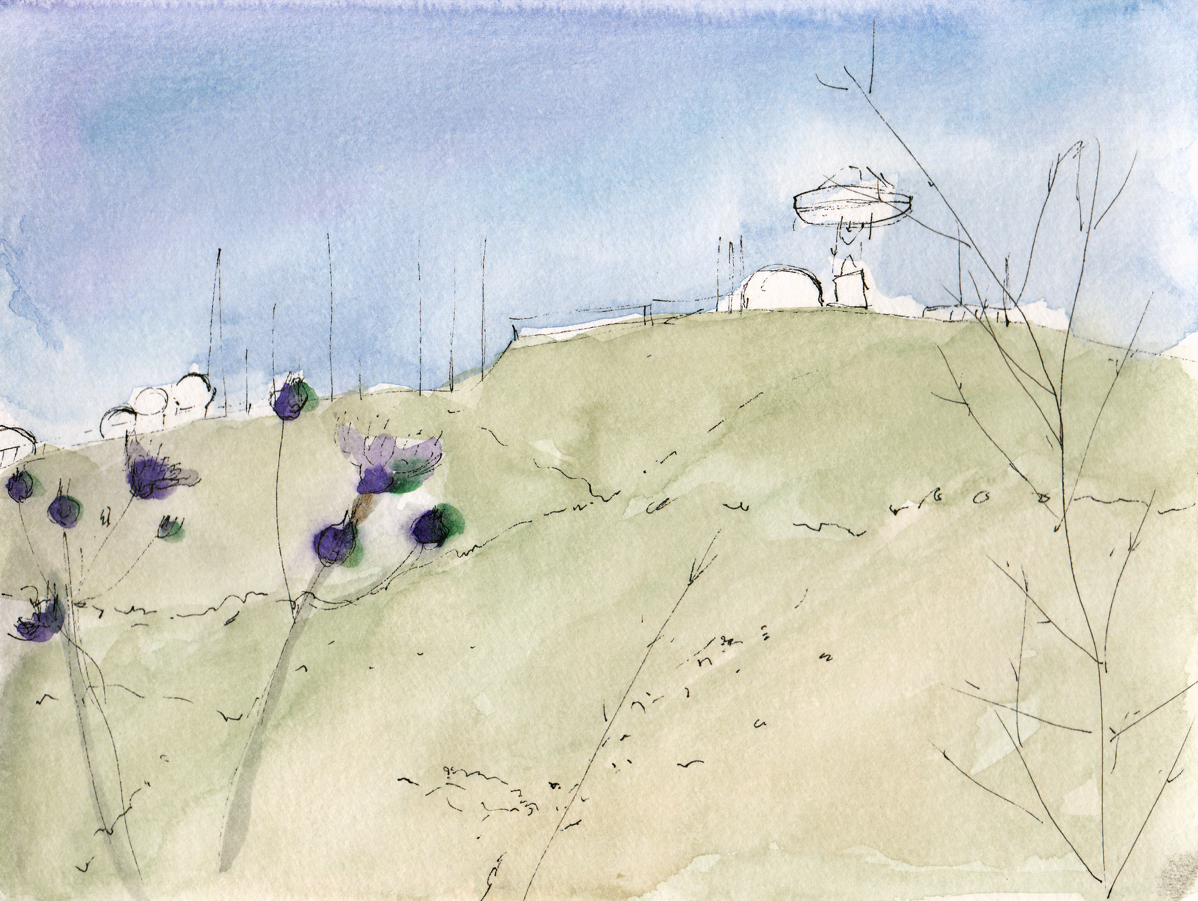 Hillary Mushkin | Sketch of Laguna Peak Tracking Station, 2016 | watercolor and ink on paper