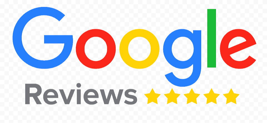 Google Reviews logo with colorful Google text, gray 'Reviews,' and five gold stars.