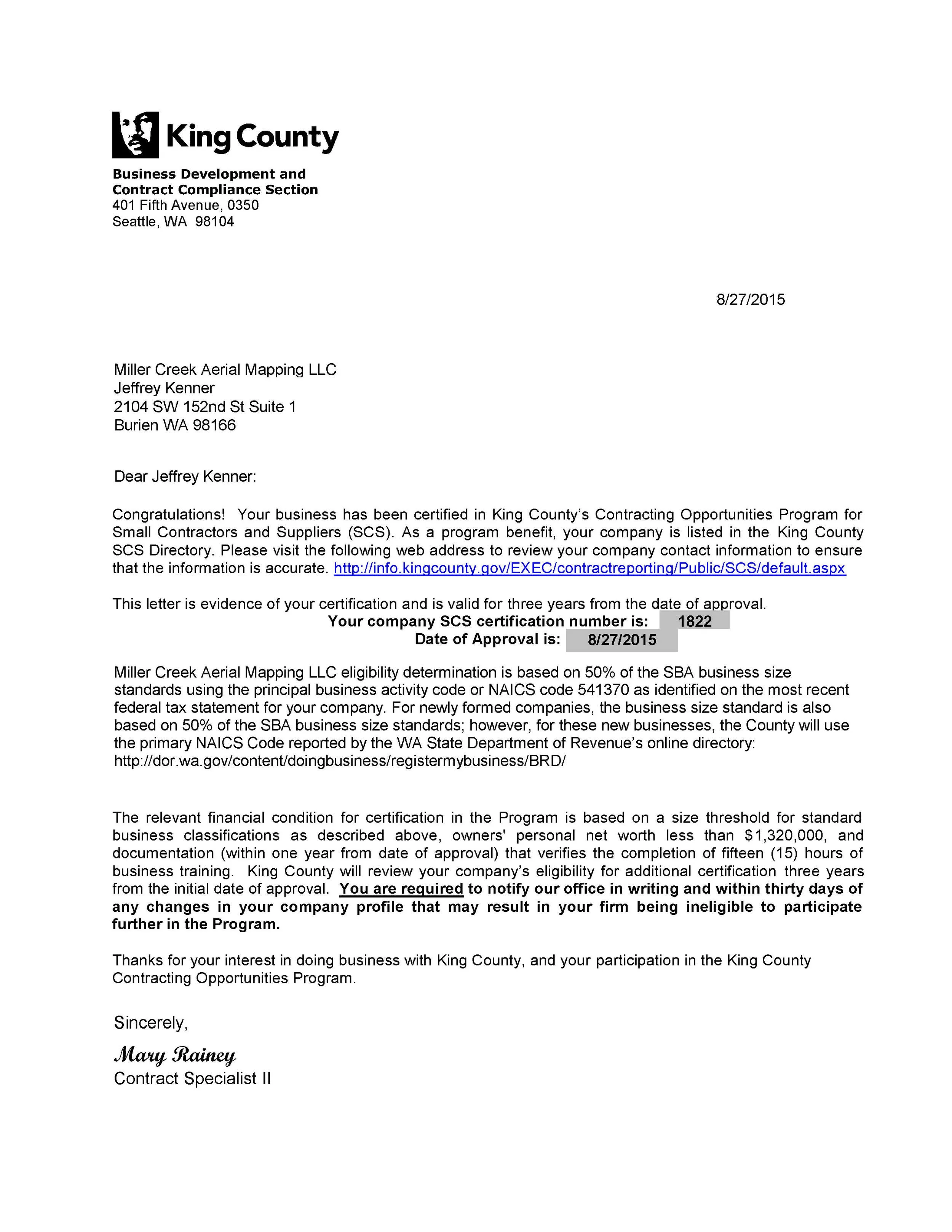 Miller Creek Aerial Mapping Certified as King County Small Contractor and Supplier Firm