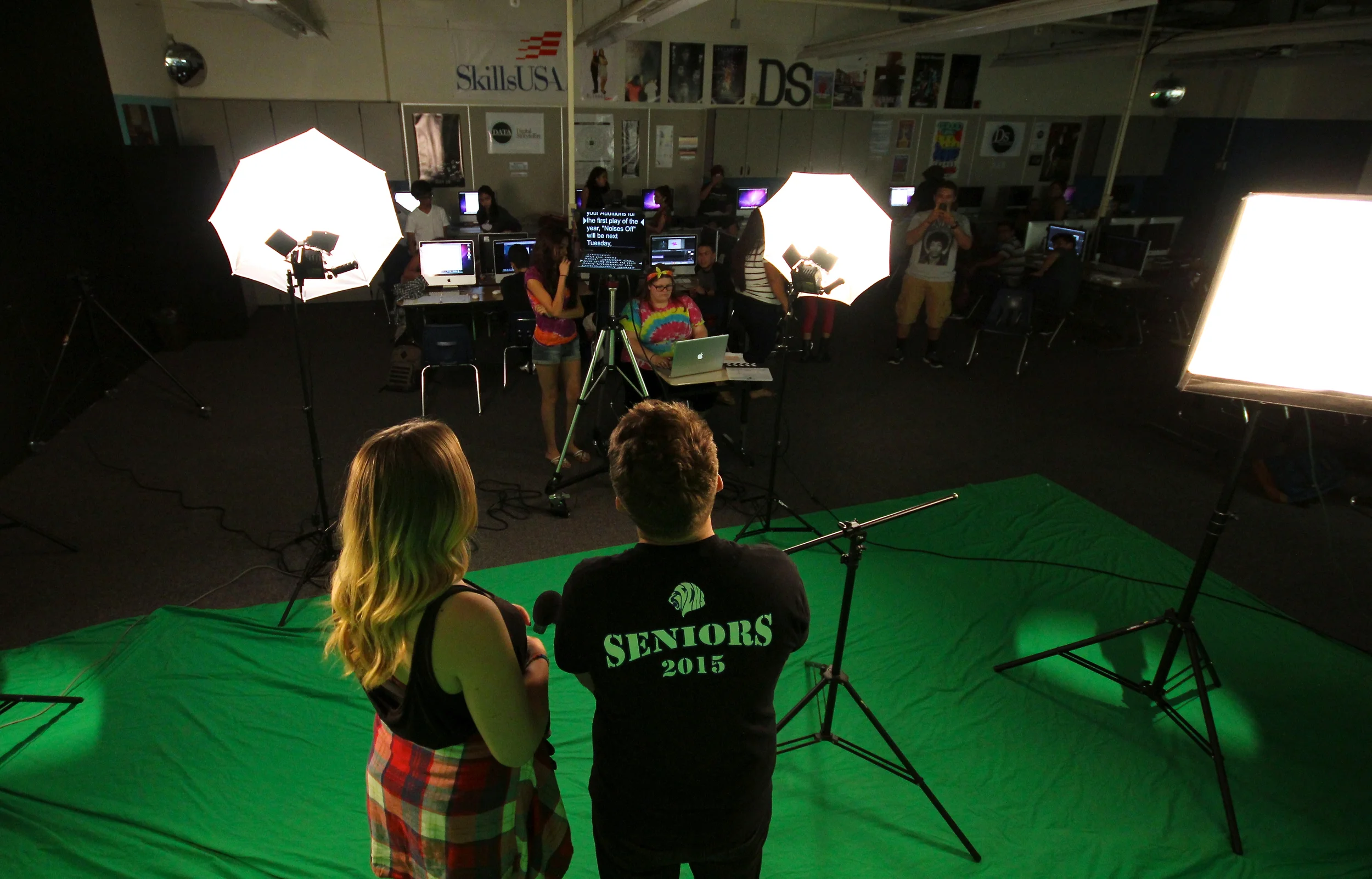 Jason Bullen (12) and Morgan Holecek (11) run through a script rehearsal for the first episode of Behind the Blue season 2.