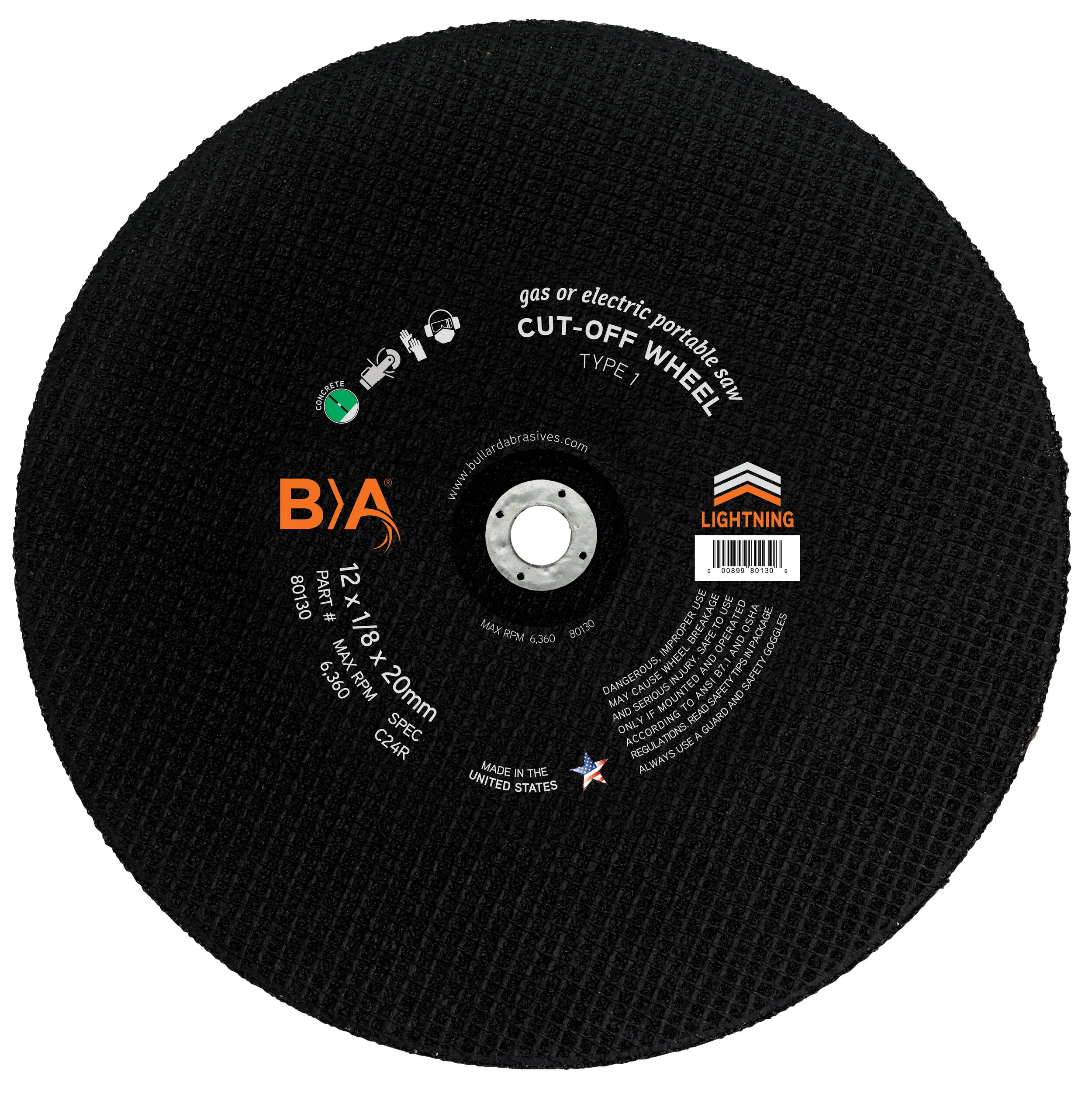 80130 Bullard Abrasives 12 x 1/8 x 20mm Gas or Electric Portable Saw Cut-Off Wheel C24R Type 1