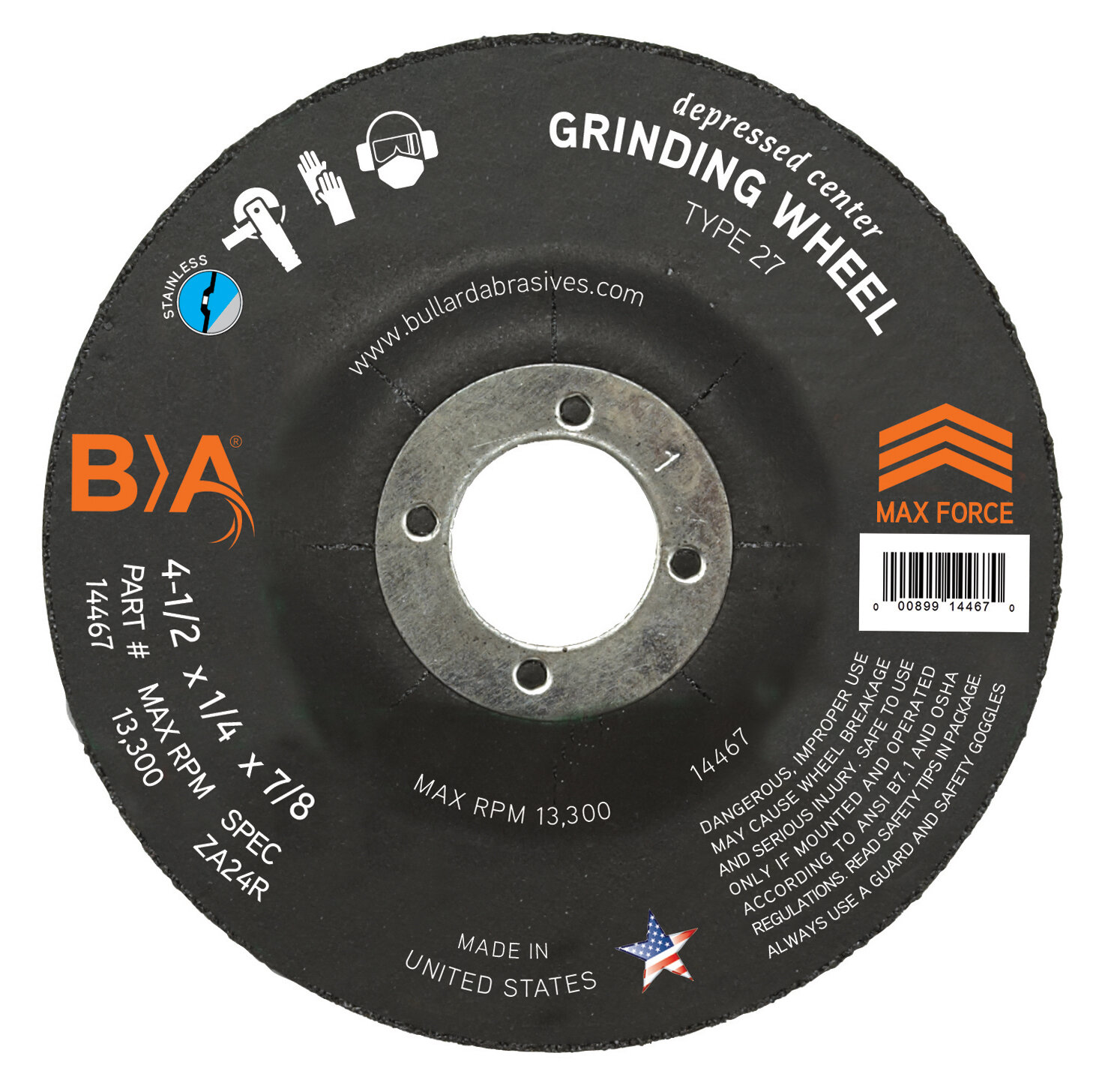 14467 Bullard Abrasives 4-1/2 x 1/4 x 7/8 Depressed Center Grinding Wheel ZA24R Type 27