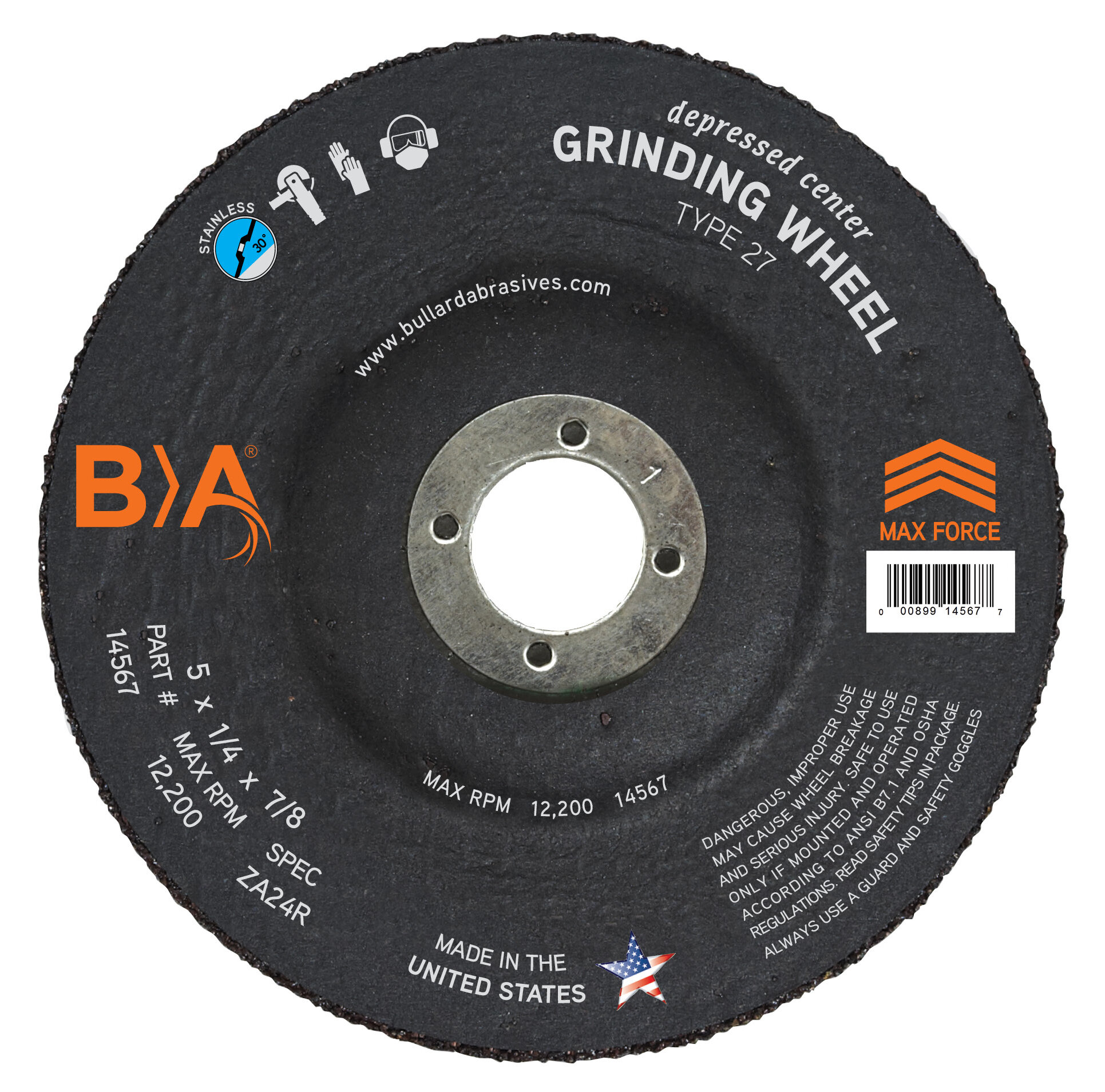 14567 Bullard Abrasives 5 x 1/4 x 7/8 Depressed Center Grinding Wheel ZA24R Type 27