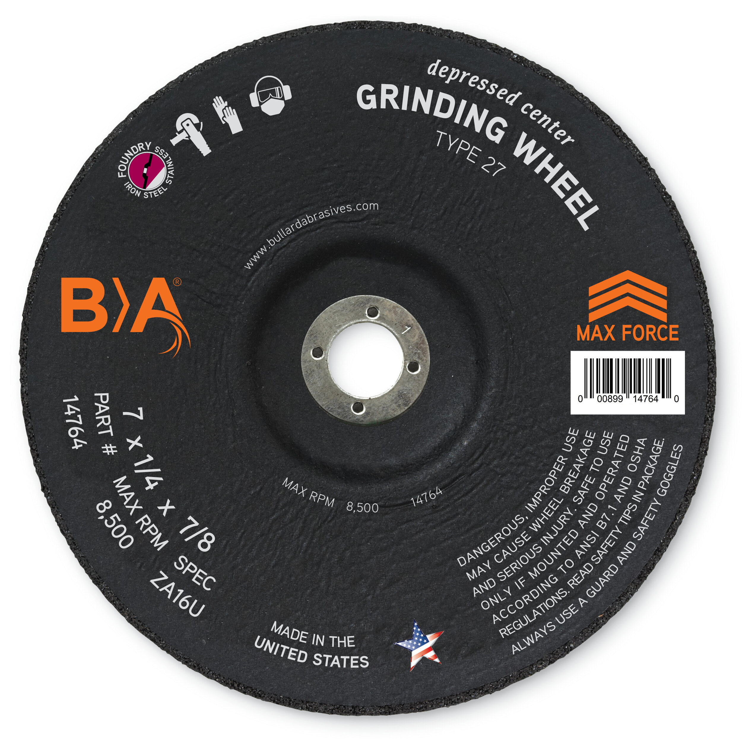 14764 Bullard Abrasives 7 x 1/4 x 7/8 Depressed Center Grinding Wheel ZA16U Type 27